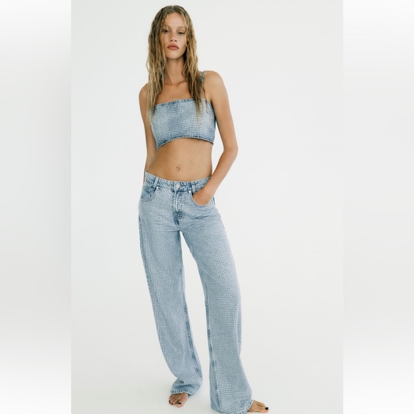 ZARA RHINESTONE TRF DENIM CROP TOP